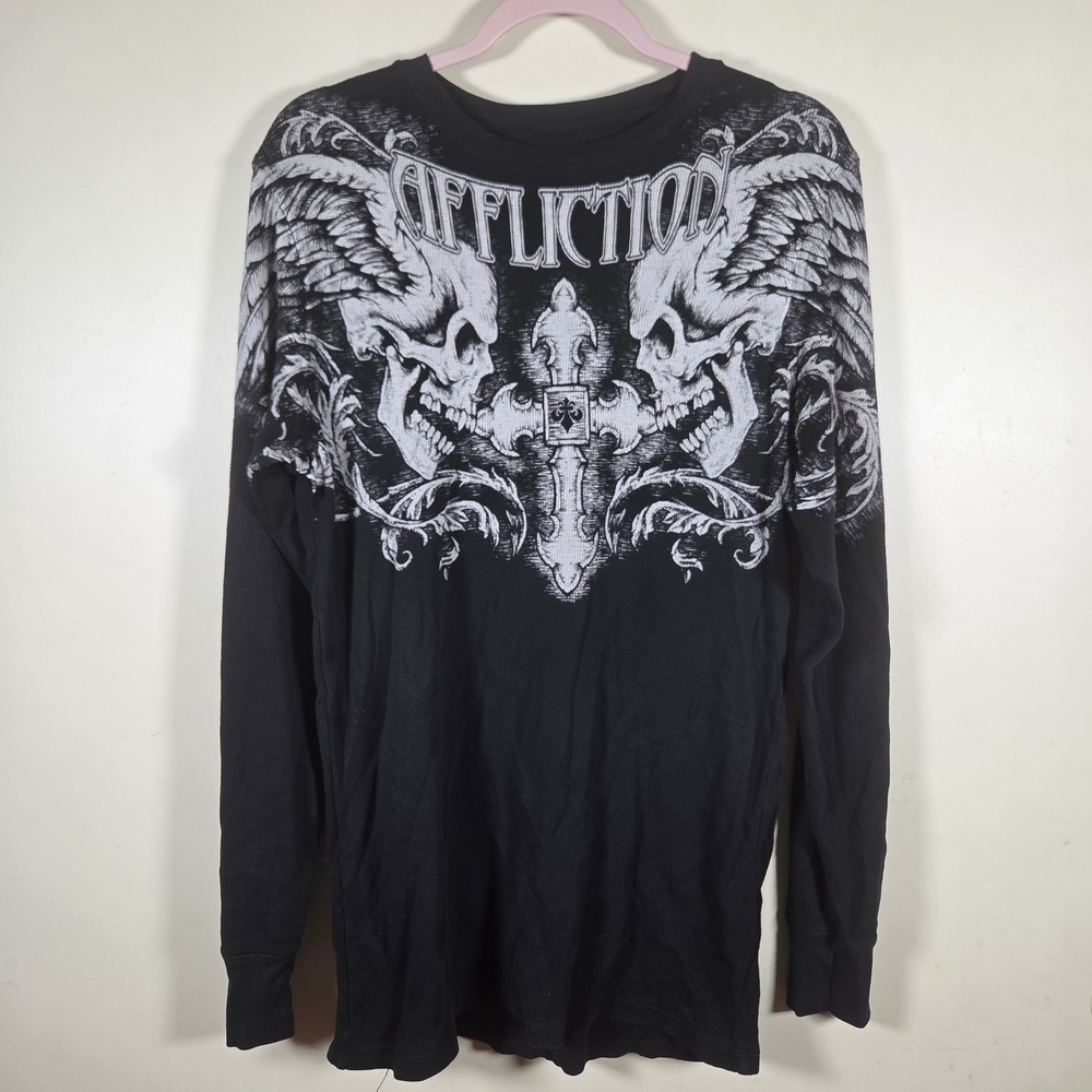 Affliction Thermal Shirt Mens Large Black Skull Cross Graphic Y2K Grunge Biker
